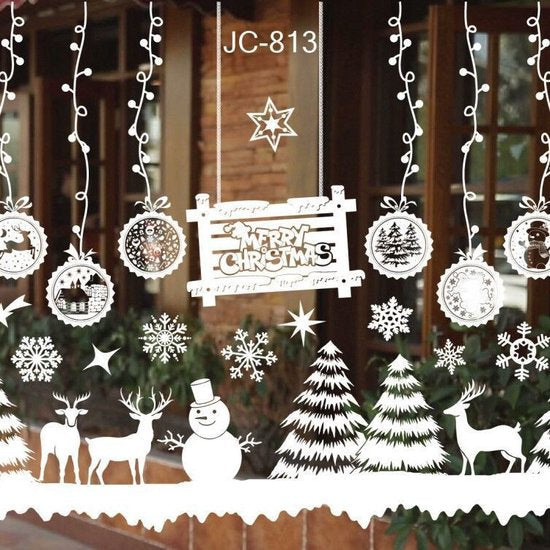 Kerst Raamstickers met sneeuwpop en kerstballen - Herbruikbaar & Statisch Hechtend - 50x35.5 cm-wit