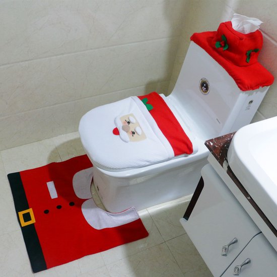 4-delige Kerstdecoratieset voor het Toilet-Toiletdecoratie met Kerstman-thema-Vrolijke Kerstsfeer met Santa-design-rood
