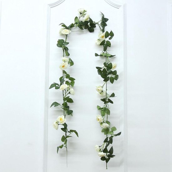 2 Stuks Rozen Slinger - Kunstbloemen slinger - Balkon decoratie - Zomerbloem- 145cm - Klimroos cream & Wit- Bruiloft Decoratie – Trouwen -Trouwdag bloemen