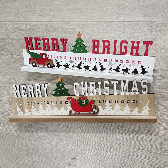 2delige Exclusieve Luxe Houten Kerst Aftelkalender – Magisch Ontwerp met Verplaatsbare Slee of Auto – Perfecte Feestdecoratie-40*5*12.5cm