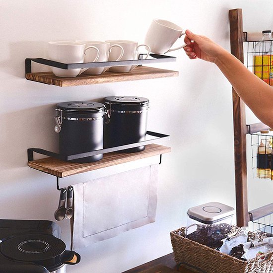 wandrek met twee lagen en handdoektang-Praktische en stijlvolle opbergruimte voor badkamer en keuken-Zwart en bruin