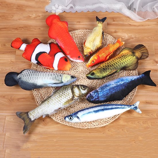 Realistische Visvormige Katten Speeltjes - Set van 10 Stuks - 17,8 cm tot 28 cm - 8 Kleine en 2 Grote Pluche Visspeeltjes met Catnip