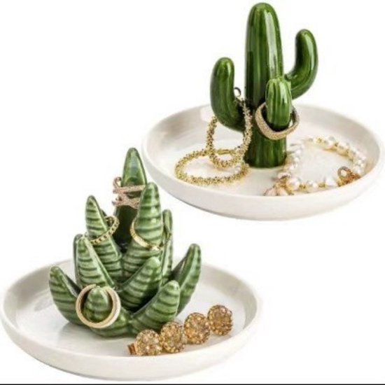 Set van 2 Keramische Cactus Ringhouders Groen/Wit