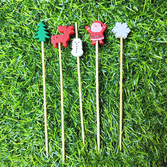 Kerst Cocktailprikkers 100 stuks – Cupcake & Fruit Prikkers – Houten Prikkers met Kerstfiguren – Feest Decoratie