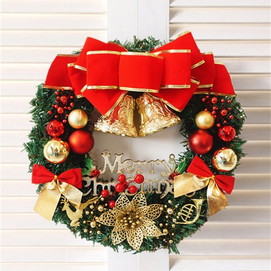 Kerstkrans – Klassieke Decoratie met Rode Strikken, Klokken en Gouden Accenten-Ø30 cm