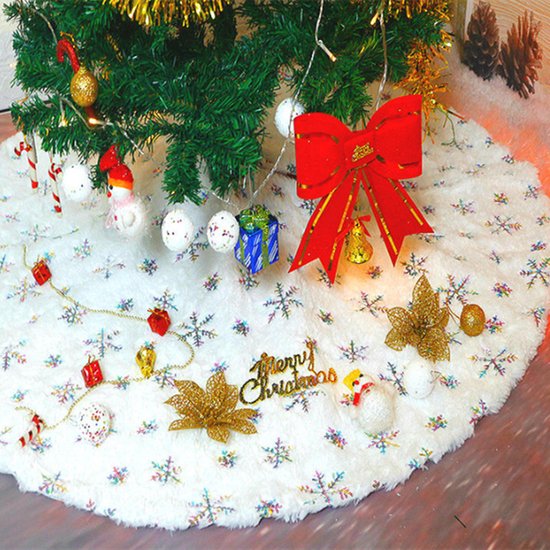 Elegante Kerstboomrok - 122 cm - Wit met Kleurrijke Sneeuwvlokken en Luxe Afwerking-Een Feestelijke Toevoeging aan Je Kerstdecoratie
