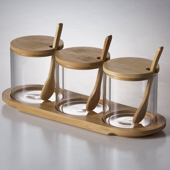Set van 3 Glazen Kruidenpotjes met Bamboe Lepels & Deksel - Elegant & Organisch Keukenaccessoire