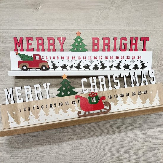 2delige Exclusieve Luxe Houten Kerst Aftelkalender – Magisch Ontwerp met Verplaatsbare Slee of Auto – Perfecte Feestdecoratie-40*5*12.5cm