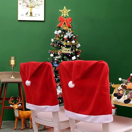 4stuks Kerst Stoelhoes in de Vorm van een Kerstmuts – Feestelijke Tafeldecoratie voor een Warme Kerstsfeer