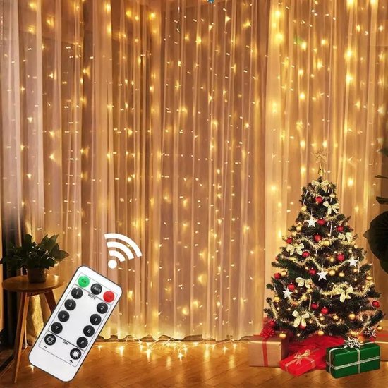 LED Lichtgordijn Sfeerverlichting - Kerstverlichting - USB - Incl. Afstandsbediening - 3X3 Meter - Warm Wit - Sfeerverlichting voor Binnen en Buiten - 300 LEDs