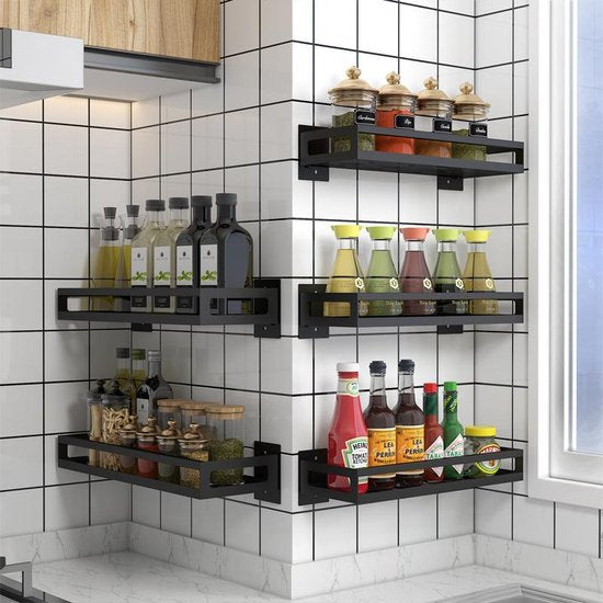 TDR - Kruidenrek / Opbergrek -  RVS -  Perforatievrij aan de muur gemonteerd  -  40x13x6 cm - Zwart