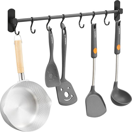 Ruimtebesparende Keukengerei Wandbeugel-keukengereihouder met 8haakjes-Aluminium Keukenrail -49.5CM-zwart