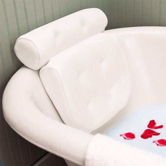 Ultiem Comfort Badkussen met 3D Air-mesh-technologie en 6 Krachtige Zuignappen - Luxe Ondersteuning voor Nek, Hoofd, Rug en Schouders in de Badkuip 36*32*8cm-wit