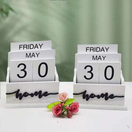 Houten eeuwigdurende kalender Home – handmatige datum, wit