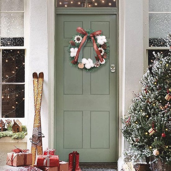 Luxe Kerstkrans met Dennenappels, Katoenbollen en Decoratief Lint – Realistische PVC Decoratie-Ø30 cm