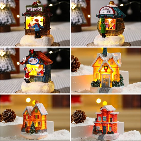 6 stuks Mini Kerstdorp met LED-verlichting – Cadeauwinkel, Snoepwinkel & Thermo Gulee-betoverende kerstsfeer