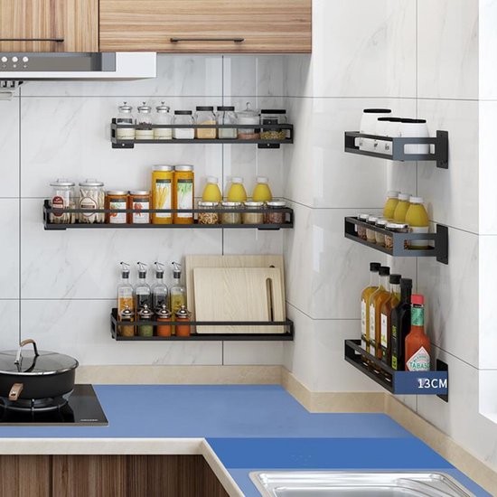 TDR - Kruidenrek / Opbergrek -  RVS -  Perforatievrij aan de muur gemonteerd  -  40x13x6 cm - Zwart