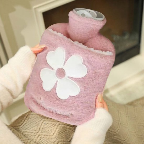 Warmwaterkruik met Bloemvorm en Zachte Pluche Hoes – 2-in-1 Ontwerp voor Warmte en Koude Compressen - Roze - 1000ml
