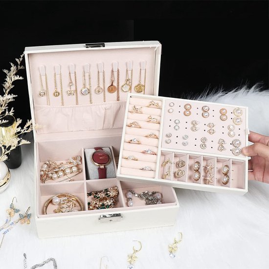 Sieradendoos wit met meerdere vakken en vergrendeling