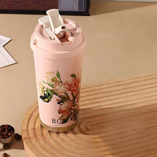 Thermos Mok Bloemprint 500ml Roze - Dubbelwandig Lekvrij
