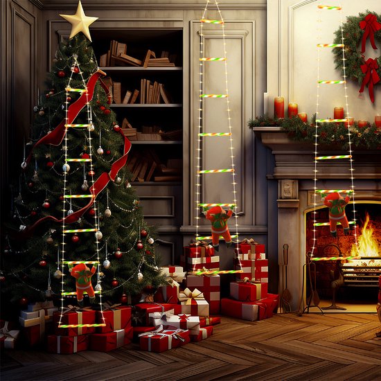 1,7m LED Kerstladder met Klimmende Kerstman –Kerstboomdecoratie-Warm Wit Kerstverlichting- USB, 8 Lichtmodi, Waterdicht IP65 voor Binnen & Buiten