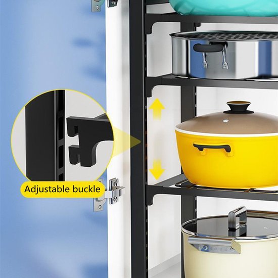 4 Lagen Verstelbaar Pannenrek van Premium Koolstofstaal - Ruimtebesparend, Multifunctioneel & Stevig - Perfect voor Potten, Pannen & Keukengerei-zwart