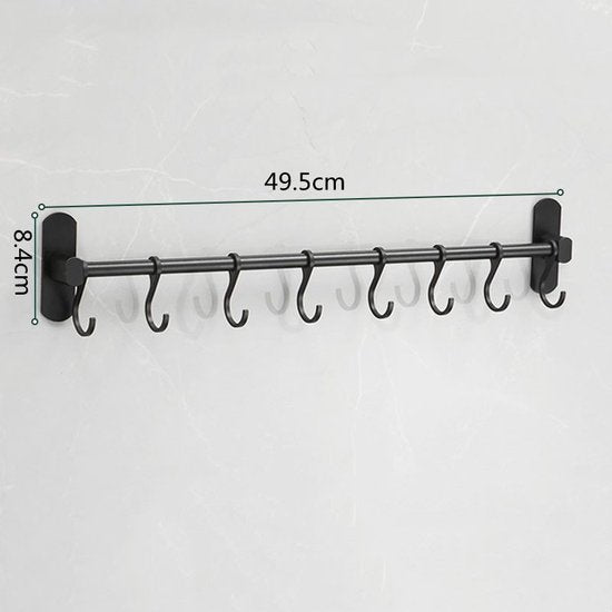 Ruimtebesparende Keukengerei Wandbeugel-keukengereihouder met 8haakjes-Aluminium Keukenrail -49.5CM-zwart