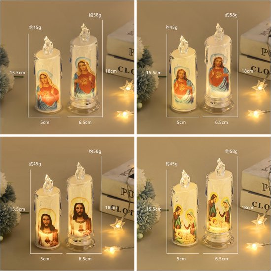 4-delige LED-Kaarsenset met Heilige Afbeeldingen –Elektronische kaars op batterij- Kerstdecoratie 6,5 x 18cm