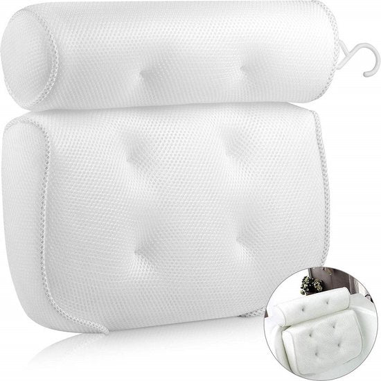 Ultiem Comfort Badkussen met 3D Air-mesh-technologie en 6 Krachtige Zuignappen - Luxe Ondersteuning voor Nek, Hoofd, Rug en Schouders in de Badkuip 36*32*8cm-wit