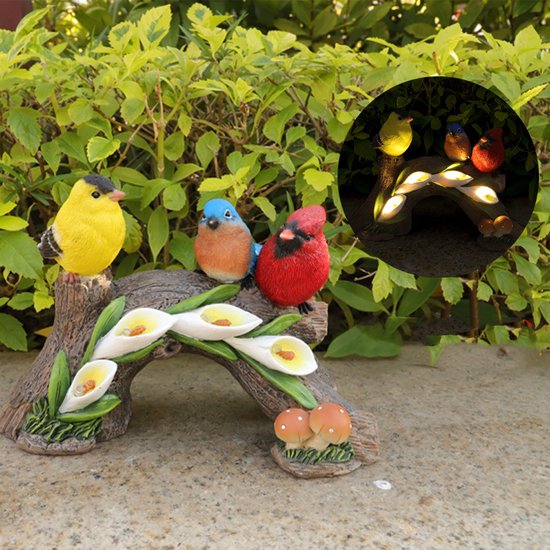 Betoverende Vogels op Zonne-energie- Tuinbeeld met 4 LED-lichtjes - Een Symbool van Liefde en Licht voor Je Tuin 26*13*18CM