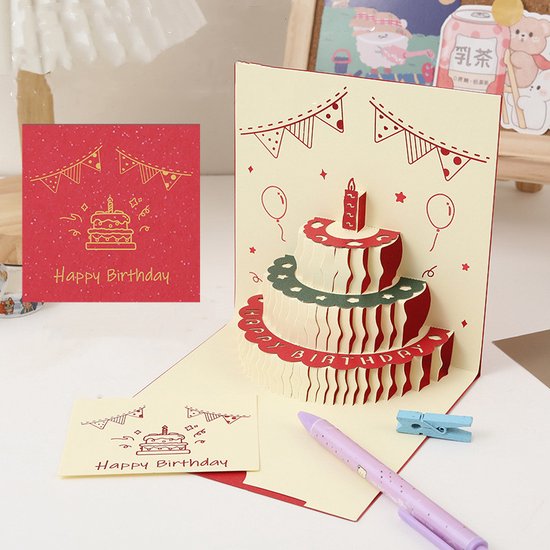 Unikorf 3D pop-up verjaardagskaart: taart&opname 14.4x14.4cm