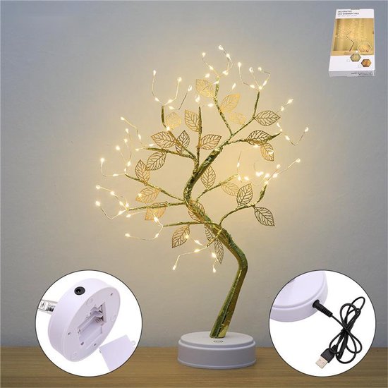 LED Firefly Boomlamp – 72 Warmwitte Lampjes – Goudkleurig – Sfeervolle Tafellamp – Batterij – Blad Design – Binnenverlichting
