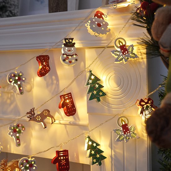 1.5M Kerst Lichtsnoer met 10 IJzeren Figuren op Batterij– Warm Wit Licht – Rendieren, Kerstbomen & Sneeuwmannen – Feestelijke IP42 Decoratie