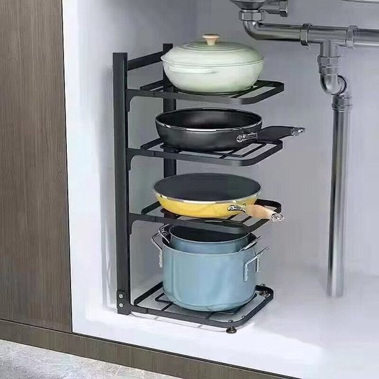 4 Lagen Verstelbaar Pannenrek van Premium Koolstofstaal - Ruimtebesparend, Multifunctioneel & Stevig - Perfect voor Potten, Pannen & Keukengerei-zwart