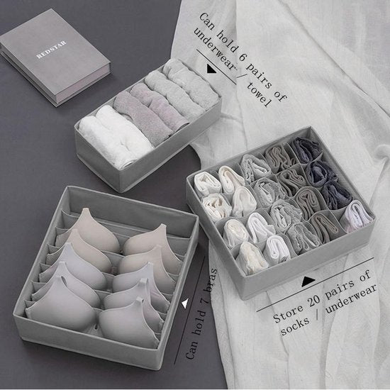 Set van 3 opbergdozen voor ondergoed en sokken - Grijs