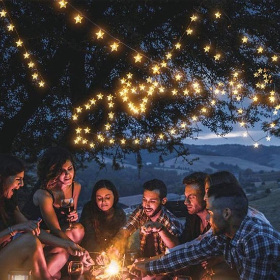 Tuinverlichting met sterren slinger Op Zonneenergie-12meter lang 100 LED lichtjes- 8 knipperende modi-warm wit licht