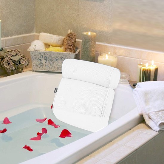 Ultiem Comfort Badkussen met 3D Air-mesh-technologie en 6 Krachtige Zuignappen - Luxe Ondersteuning voor Nek, Hoofd, Rug en Schouders in de Badkuip 36*32*8cm-wit