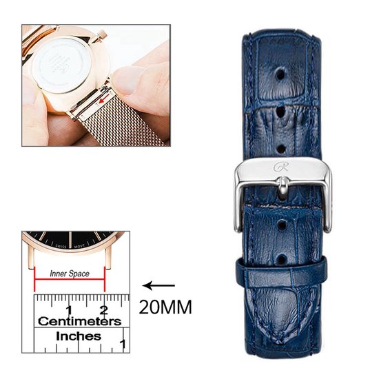 20mm Universele leather Strap dark blue/silver - Quick Release - Past op Alle Merken met 20mm Aanzetmaat