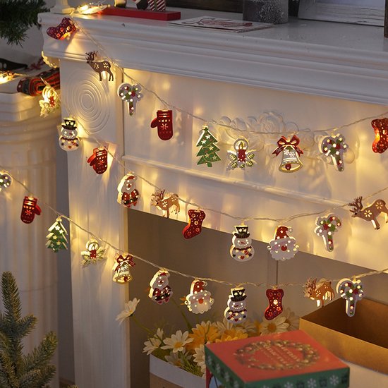 3 Meter Kerst Lichtsnoer met 20 IJzeren Figuren – Feestelijke Decoratie met Rendieren, Kerstbomen en Sneeuwmannen – IP42- USB Voeding-Warm Wit Licht