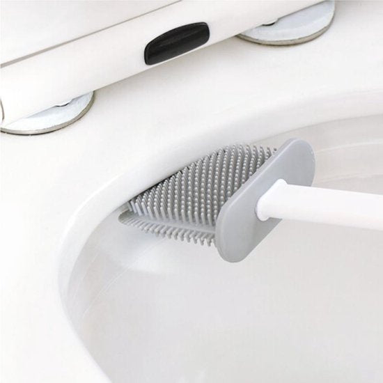 2 Stuks Antibacteriële Siliconen WC-borstel Set met Platte Brede en Ronde Borstelharen - Inclusief Borstelhouder - grijs