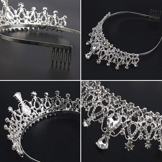 Betoverende diadeem Kroon met twee prachtige grote kristallen - Zijdelingse Kammen - Schitterende Accessoire voor Speciale Gelegenheden-zilver