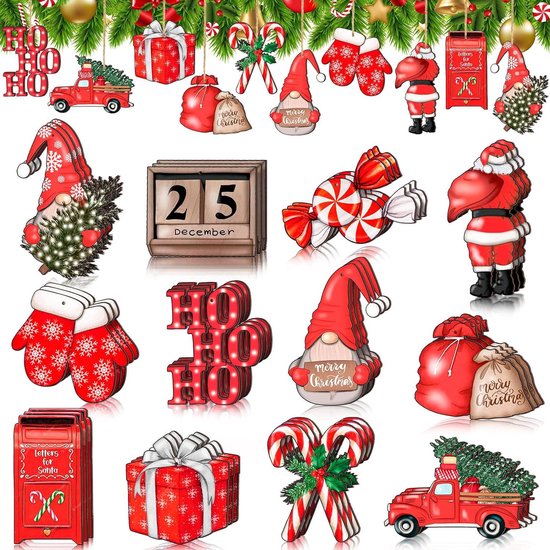 24-delige Rode Houten Kerstdecoratieset – Klassieke Kersthan