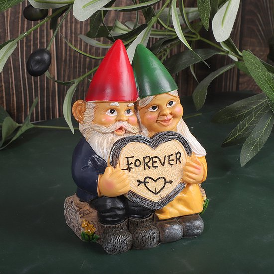 Romantische Kabouters met 'Forever' Hart - Charmante Tuindecoratie- Hars Tuinbeeldje10*6,5*13,5cm