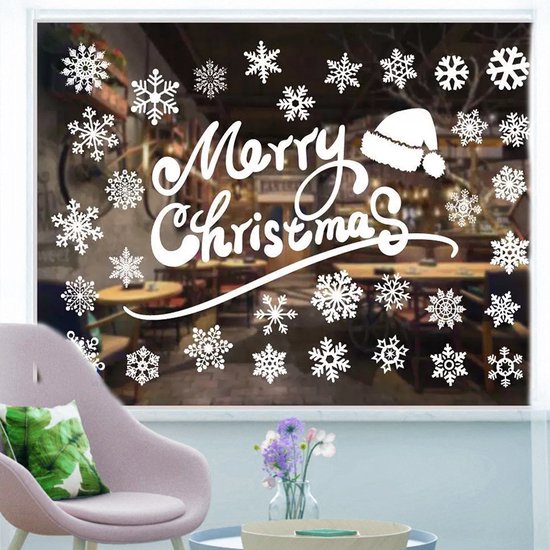 Kerst Raamstickers met Sneeuwvlokken en tekst - Herbruikbaar en Statisch-35.5*50cm-wit