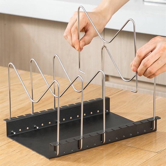 RVS Pannenrek verstelbaar- Pannenhouder -Dekselhouder -Keukenorganizer - Snijplankhouder- zwart