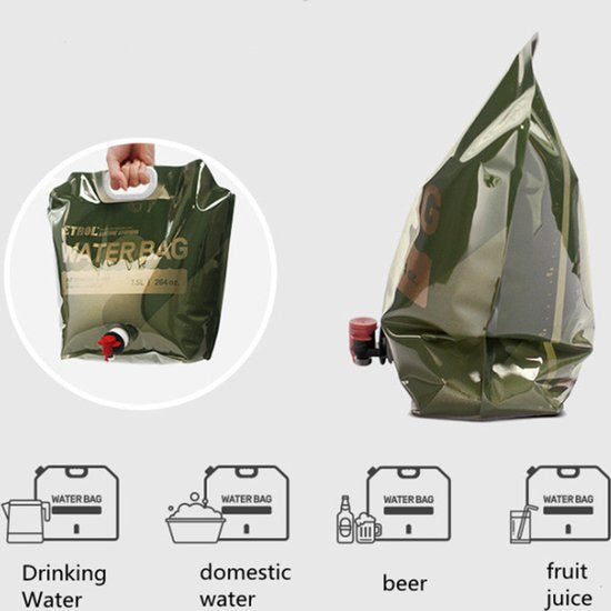 Outdoor Draagbare Waterzak met Kraan voor Kamperen, Wandelen, Picknicken, Vissen en Reizen, etc- 7.5L Capaciteit - Opvouwbaar en Milieuvriendelijk - Jungle Groen
