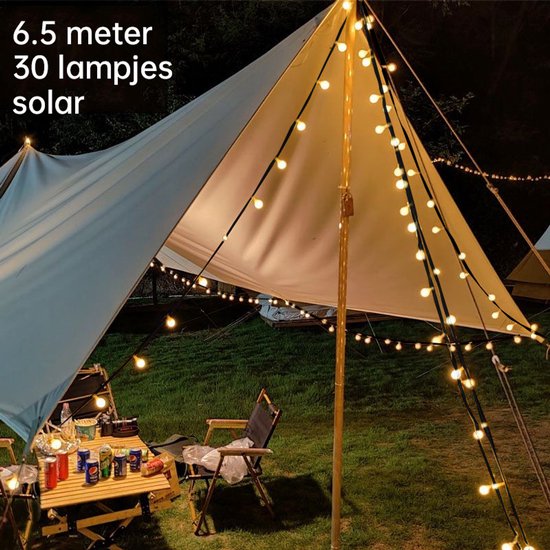 Weerbestendige Zonnepaneel-LED Lichtslingers voor Buiten - 30 Warm Witte Lampen op een Lengte van 6,5 meter
