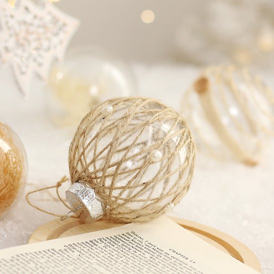 Set van 18 Luxe Transparante Kerstballen - Natuurlijk Design met Jute, Bloemen en Vezels - Duurzaam en Herbruikbaar-Ø 7.8 cm