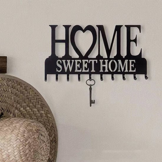 hoge kwaliteit Sleutelrek - 10 Haken - Wanddecoratie -Metalen sleutelrek- Met Tekst "Home Sweet Home" - Vintage Design - Zwart