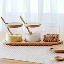 Set van 3 Glazen Kruidenpotjes met Bamboe Lepels & Deksel - Elegant & Organisch Keukenaccessoire